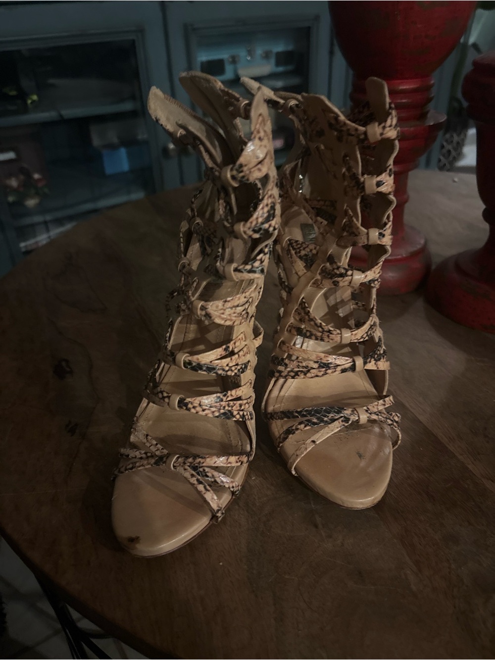 SCHUTZ Tan Snake-Print Lace-Up Gladiator Heels